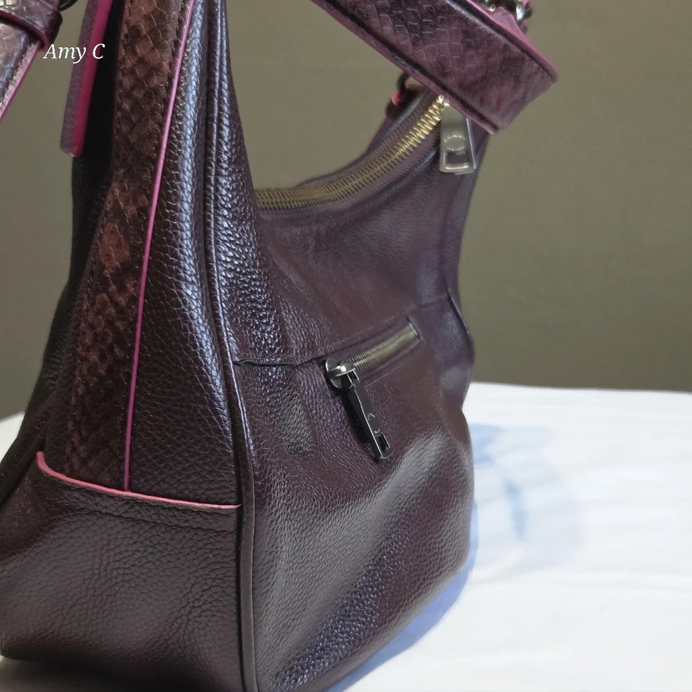 Coach Dark Purple Leather Hobo With Pink Piping & Snakeskin Look Is A Head Turer - Picture 3 of 10